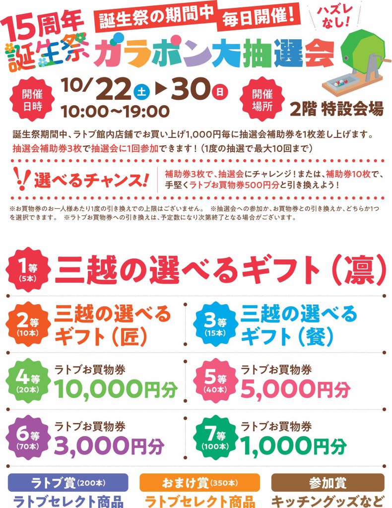 誕生祭期間中、毎日開催！ガラポン大抽選会【10月22日（土）～30日（日）】